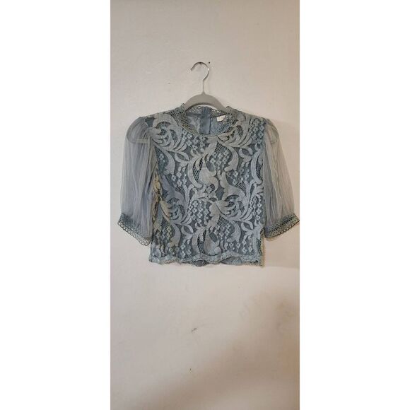 Peach teal lace semi-crop-top blouse - Picture 1 of 9